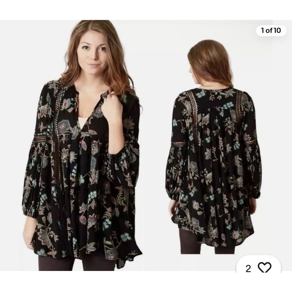 Free‎ People Tunic Floral Flowy Dress Urban Boho Vivid Crotchet Blouse SP